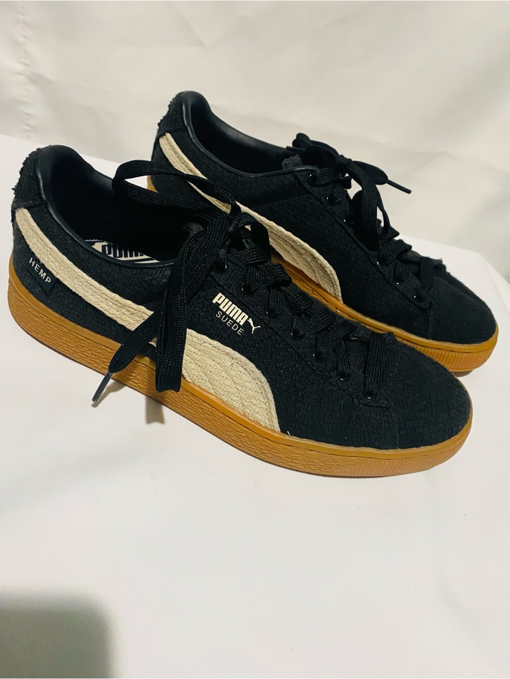 Puma Black Suede Sneakers with Natural Hemp Stripe and Gum Sole